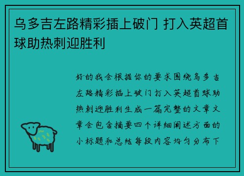 乌多吉左路精彩插上破门 打入英超首球助热刺迎胜利 乌多吉左路精彩插上破门 打入英超首球助热刺迎胜利